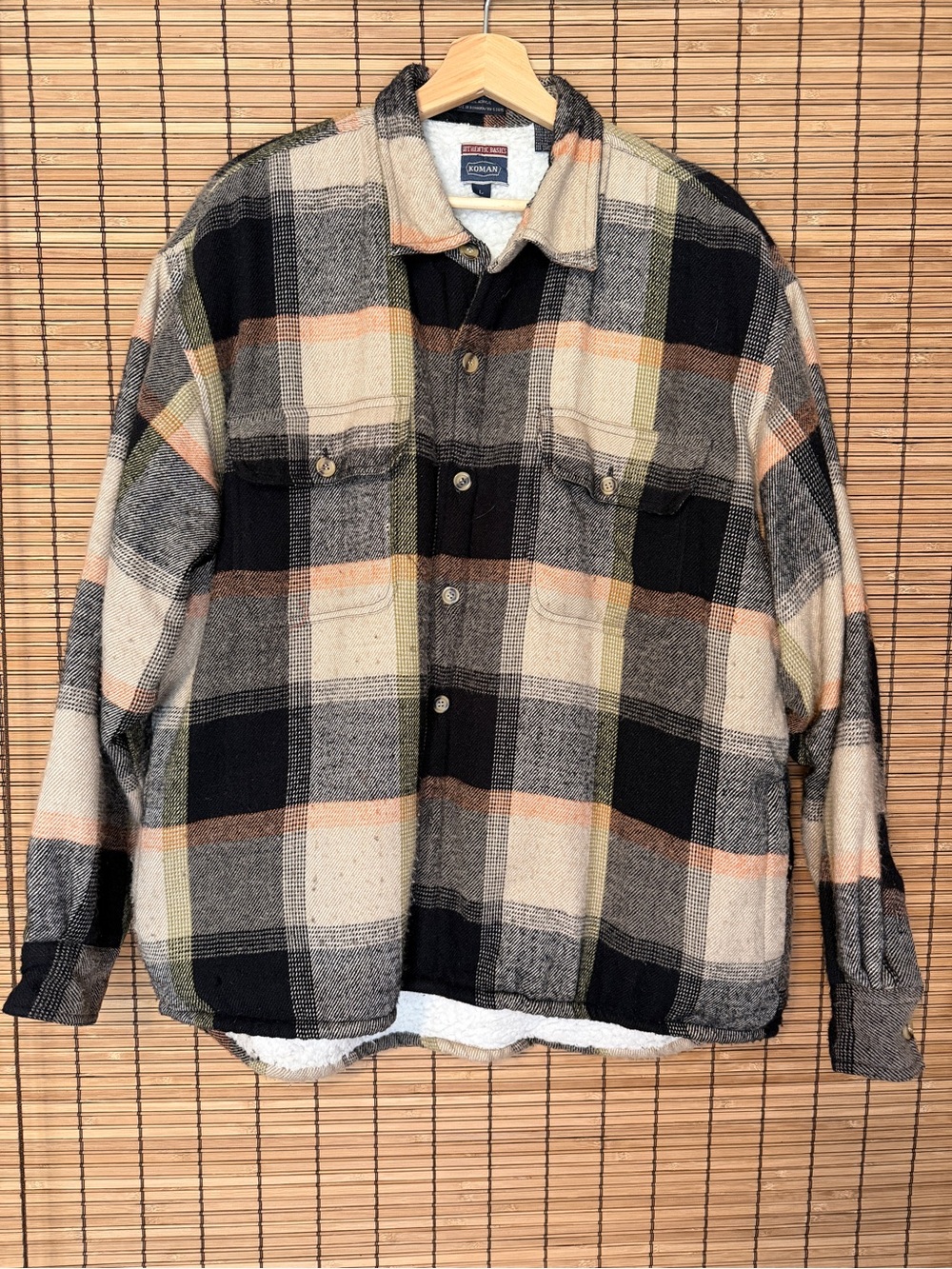 Vintage, Koman brand: Black, Cream & Tan Plaid Sherpa-Lined Shirt Jacket